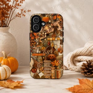 May include: A phone case featuring a collage of autumn imagery including pumpkins, orange leaves, pinecones, and books. The text reads fall, pumpkin spice, apple picking, cozy sweaters, hay rides, pumpkin lattes, crunchy patch, and apple cider.
