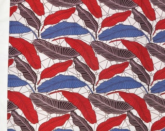 White, Red, Blue Leafs African Print Cotton Fabric