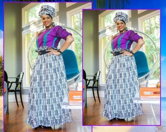 African Print Ruffled Maxi Skirt with Pin Stripe Top