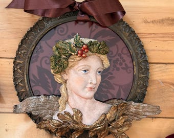 OOAK Sculpted Victorian Angel one a hanging antique frame