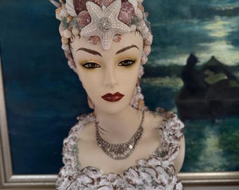 Seashell Goddess Bust: Vintage Mermaid Sculpture with Sea Glass