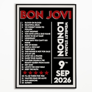 Bon Jovi 2026 UK Dates Setlist Print | Choose Your Date | Concert Memento Gift (Unframed)