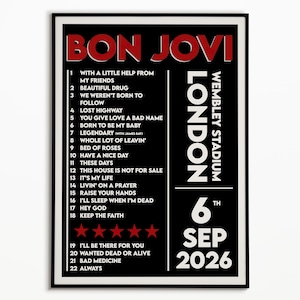 Bon Jovi - Dates de concert au Royaume-Uni en 2026 - Affiche de la setlist | Choisissez votre date | Souvenir de concert (sans cadre)