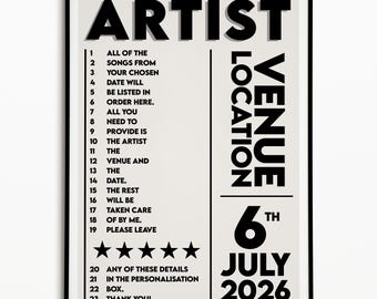 May include: A rectangular poster with a black frame featuring a beige background and bold black text. The design includes a numbered list from 1 to 23, the word ARTIST, and the text LOCATION VENUE 6TH JULY 2026. Five black stars are centered below the list.