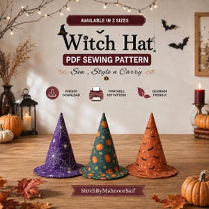 Witch Hat Sewing Pattern PDF, Halloween Costume, Adult DIY, Small Medium Large Sizes, Digital Download