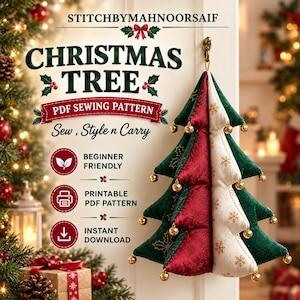 Op de afbeelding: Een hangende kerstboomversiering van stof met afwisselende panelen in donkergroen, dieprood en crème met gouden sneeuwvlokpatronen. Kleine gouden belletjes zijn bevestigd aan de uiteinden van de takken. Tekst: STITCHBYMAHNOORSAIF, CHRISTMAS TREE, PDF SEWING PATTERN, Sew, Style n Carry, BEGINNER FRIENDLY, PRINTABLE PDF PATTERN, INSTANT DOWNLOAD.