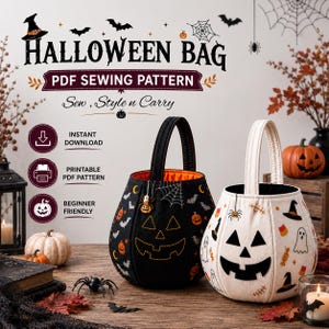 Halloween Trick or Treat Bag Sewing Pattern PDF Jack O Lantern| Pumpkin Face Candy Tote Kids| Digital Download Beginner DIY
