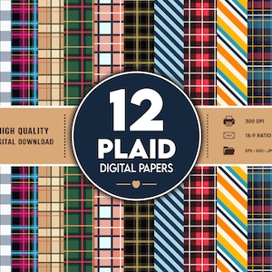 12 Plaid Seamless Patterns, Tartan Digital Paper Pack (SVG EPS JPG)