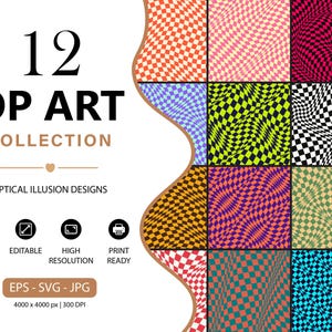 Pode incluir: Uma coleção digital de 12 designs de arte óptica com padrões de xadrez deformados em várias combinações de cores, incluindo laranja, rosa, preto, verde-limão, azul, roxo e azul-petróleo, com etiquetas de texto para vetor, editável e pronto para impressão.