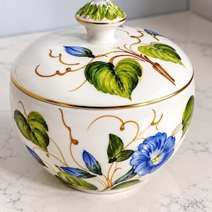 Vintage italienische, handbemalte Schale mit Blumenmuster | Blaugrüne Zuckerdose aus Keramik