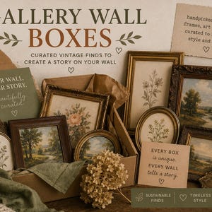 May include: A cardboard box filled with vintage picture frames containing landscape and floral art. The box includes text reading GALLERY WALL BOXES, YOUR WALL. YOUR STORY. beautifully curated, and EVERY BOX is unique EVERY WALL tells a story.