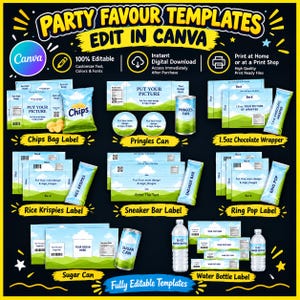 May include: A collection of editable party favor templates featuring designs for chips bags, Pringles cans, chocolate wrappers, Rice Krispies, sneaker bars, ring pops, sugar cans, and water bottles, all displayed against a dark background.