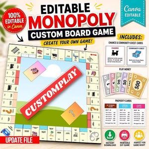 Op de afbeelding: Een bewerkbaar sjabloon voor een aangepast bordspel met een speelbord, eigendomsvakken, Kans- en Algemeen Fonds-kaarten en speelgeld. Het ontwerp bevat de tekst EDITABLE MONOPOLY CUSTOM BOARD GAME, CUSTOMPLAY en UPDATE FILE.
