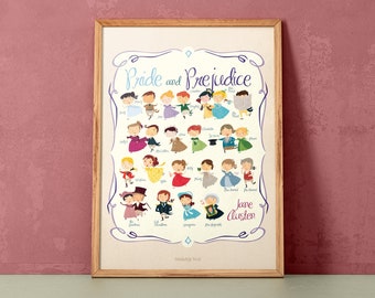 Jane Austen wall art. Pride and Prejudice print: Marathon with all the characters from the book