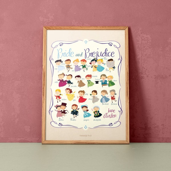Jane Austen wall art. Pride and Prejudice print: Marathon with all the characters from the book
