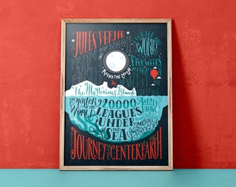 Jules Verne bibliography (12,60 x 18,10) Art print with hand lettering,