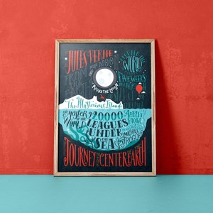 Jules Verne bibliography 12,60 x 18,10 Art print with hand lettering, image 1