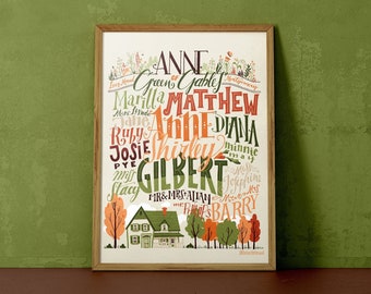 Anne of Green Gables poster, characters and places in handlettering (12,60 x 18,10)