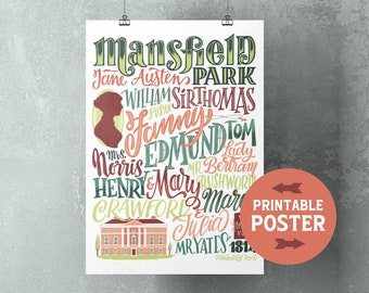 Mansfield Park by Jane Austen, digital download print, characters and places in hand lettering, printable poster