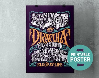 Personaggi e luoghi di Dracula, dal romanzo gotico di Bram Stoker, poster con scritte a mano pronto per la stampa