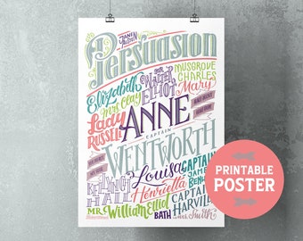 Jane Austen Persuasion printable, characters and places in hand lettering downloadable poster