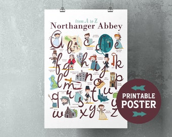 Jane Austen télécharger, Northanger Abbey Alphabet affiche de téléchargement instantané De A à Z.