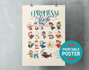 I Promessi Sposi by Alessandro Manzoni, illustrated digital poster with all the characters. The Betrothed