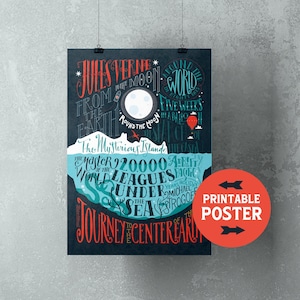 Jules Verne poster Digital art print in hand lettering,