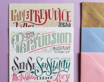 Pride & Prejudice, Persuasion and Sense and Sensibility cards (3.94 x 5.91) set of 3 cards with matching envelopes