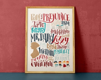 Pride and Prejudice art print with characters and places from the novel by Jane Austen  (12,60 x 18,10)