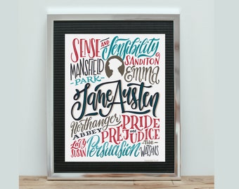 Jane Austen art: poster con tutti i romanzi di Jane Austen. Stampa Hand Lettering, scrittrici, regalo per un lettore