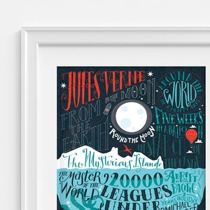 Jules Verne bibliography 12,60 x 18,10 Art print with hand lettering, image 2