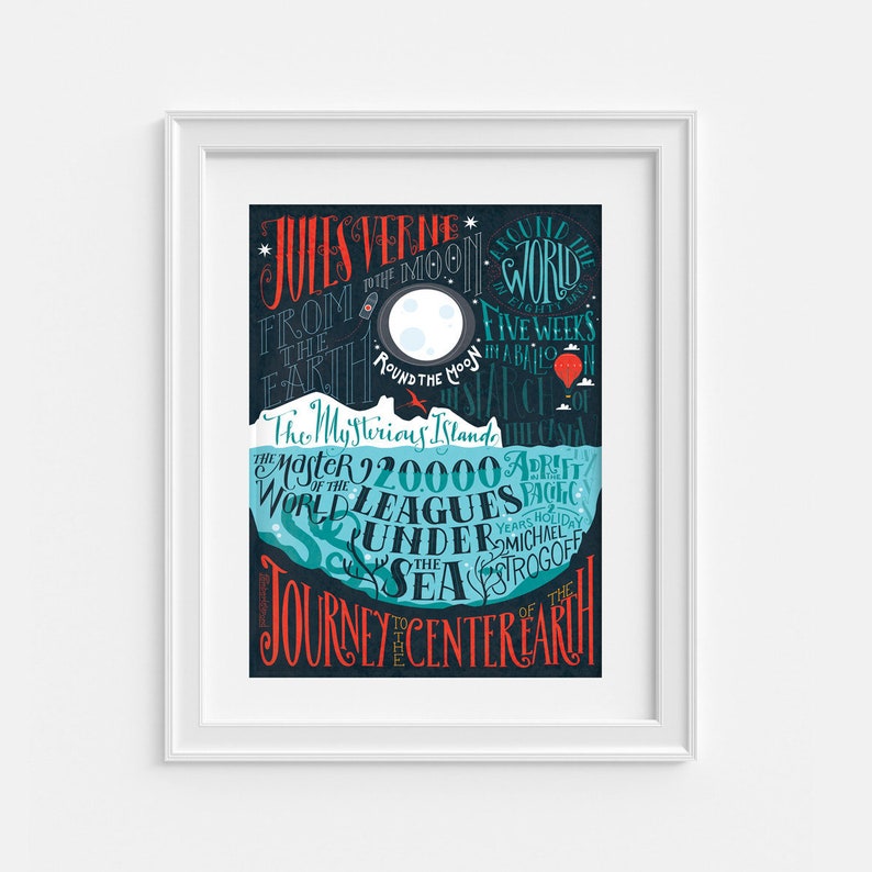 Jules Verne bibliography 12,60 x 18,10 Art print with hand lettering, image 2