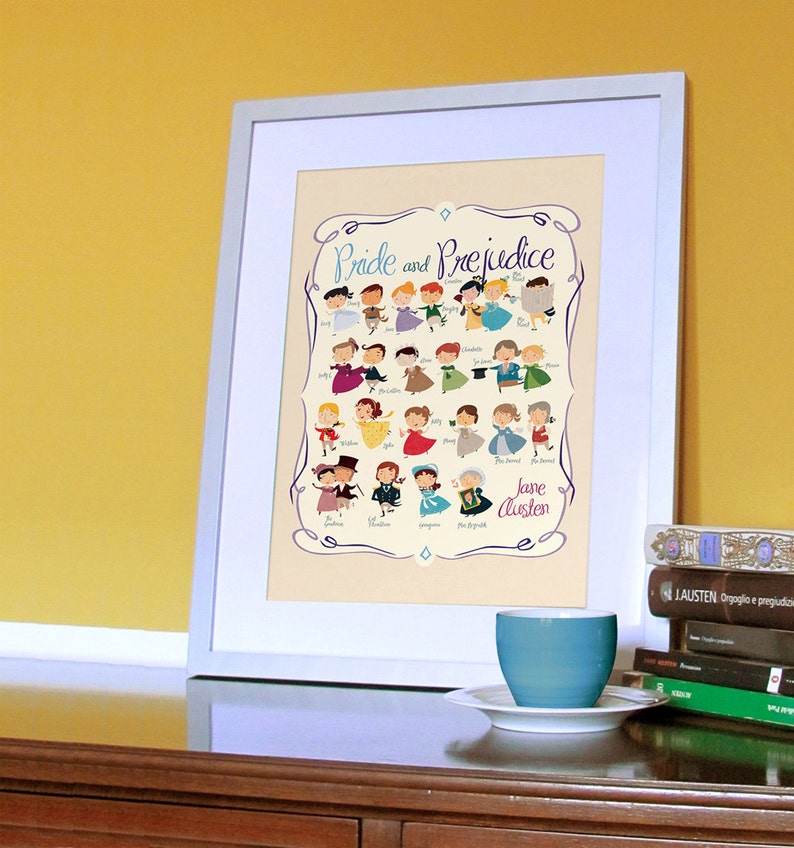 Jane Austen wall art. Pride and Prejudice print: Marathon with all the characters from the book image 2