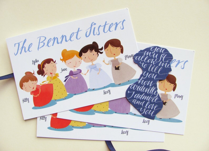 Bennet Sisters illustrated postcards from pride and Prejudice by Jane Austen set of 5 image 5