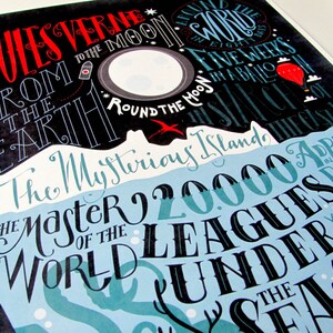 Jules Verne bibliography 12,60 x 18,10 Art print with hand lettering, image 5