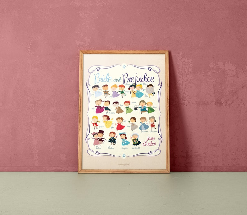 Jane Austen wall art. Pride and Prejudice print: Marathon with all the characters from the book image 1