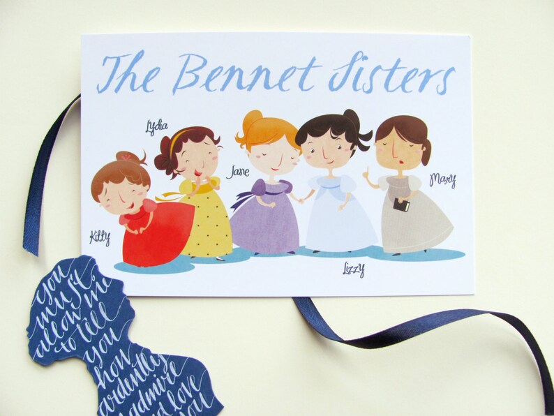 Bennet Sisters illustrated postcards from pride and Prejudice by Jane Austen set of 5 image 2