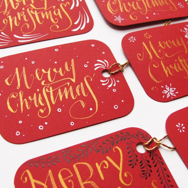 Christmas tags hand written - set of 6 - calligraphy, red and gold