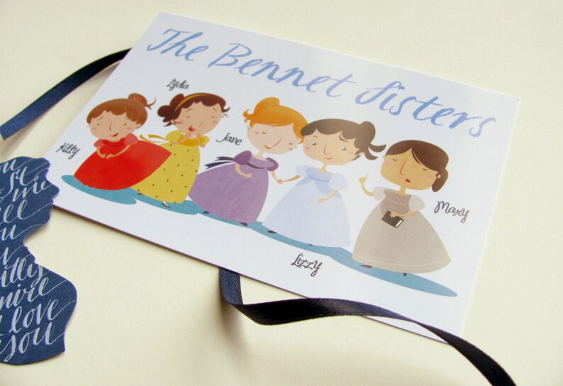 Bennet Sisters illustrated postcards from pride and Prejudice by Jane Austen set of 5 image 4