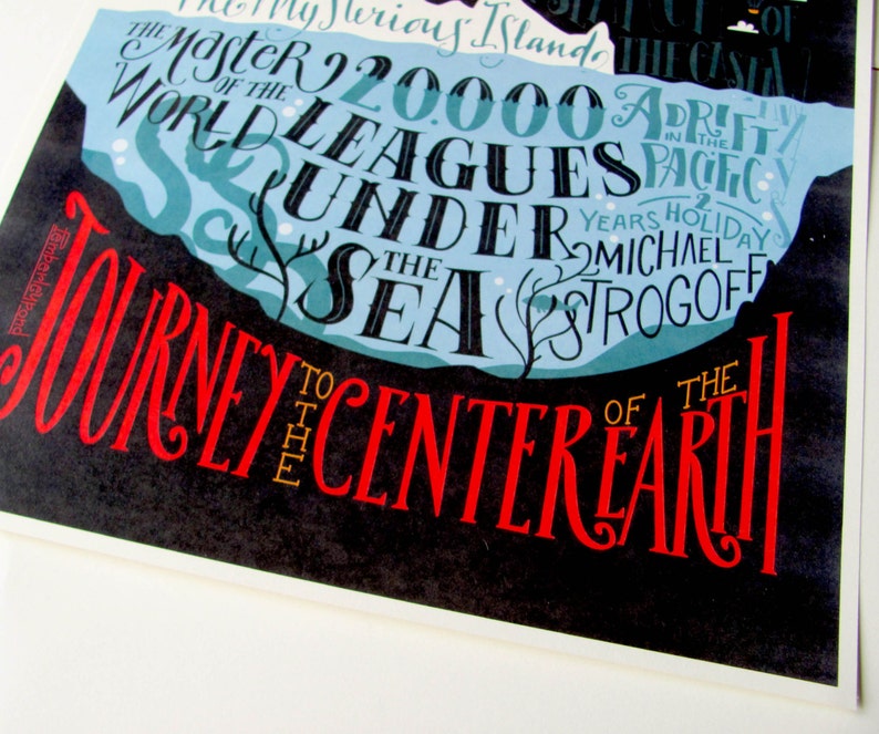 Jules Verne bibliography 12,60 x 18,10 Art print with hand lettering, image 3