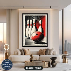May include: A framed wall art print featuring a stylised illustration of four white bowling pins with red stripes and a large red bowling ball in the foreground. The artwork uses bold black lines and a red background, enclosed in a black frame.
