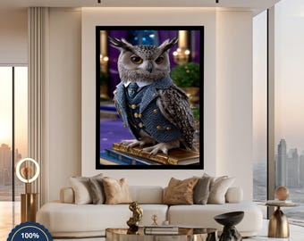 May include: A framed canvas wall art piece featuring a detailed illustration of an owl wearing a blue textured waistcoat with gold buttons and a white collar, perched on a stack of books. The artwork is enclosed in a sleek black frame.