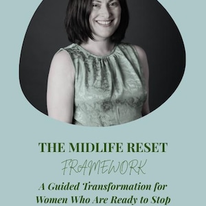 May include: A book cover with a light blue background featuring a black and white portrait of a smiling person in a sleeveless top. The text reads: THE MIDLIFE RESET FRAMEWORK, A Guided Transformation for Women Who Are Ready to Stop Abandoning Themselves, by Katie Platt, The Midlife Amber Studio.