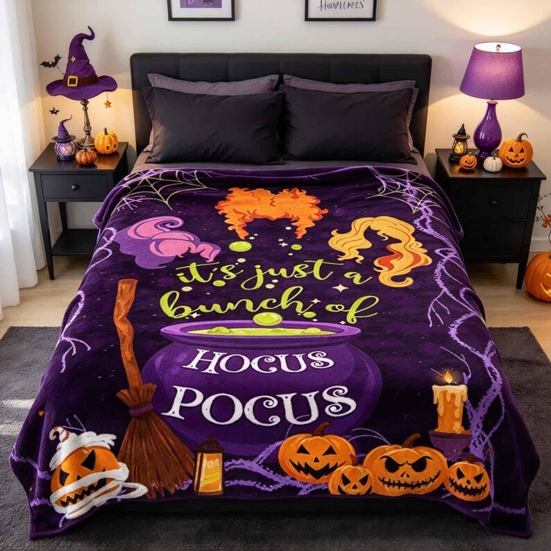 May include: A purple fleece blanket featuring Hocus Pocus graphics including a cauldron, broomstick, jack-o'-lanterns, and the text "it's just a bunch of HOCUS POCUS". The design includes stylized hair illustrations, spiderwebs, and a candle.