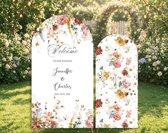 Sfondo per arco nuziale "Fall in Love" con motivo floreale autunnale personalizzato per addio al nubilato/cerimonia.