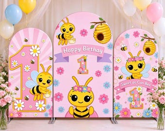 Arco di compleanno a tema ape, sfondo per la festa del primo compleanno di Sweet Abejita Chiquita Baby.