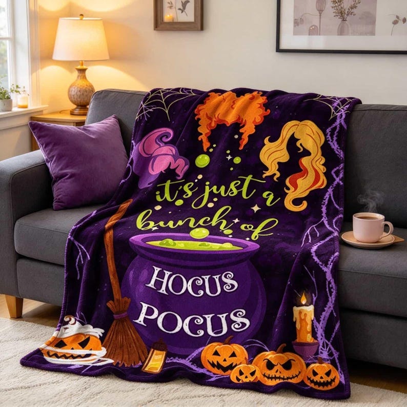 May include: A purple fleece throw blanket featuring a large central cauldron with the text "it's just a bunch of HOCUS POCUS" in white and yellow. The design includes orange hair silhouettes, a broom, jack-o'-lanterns, and spider webs.