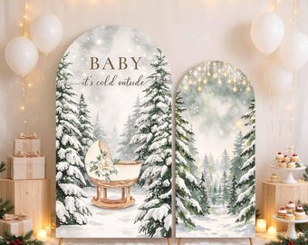 Fuori fa freddo - Arco per baby shower - Sfondo per festa di Natale con foresta innevata - Decorazione per feste natalizie