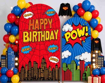 Sfondo per arco a tema supereroi e fumetti, decorazione per festa di compleanno per ragazzi "Pow Bam Boom".